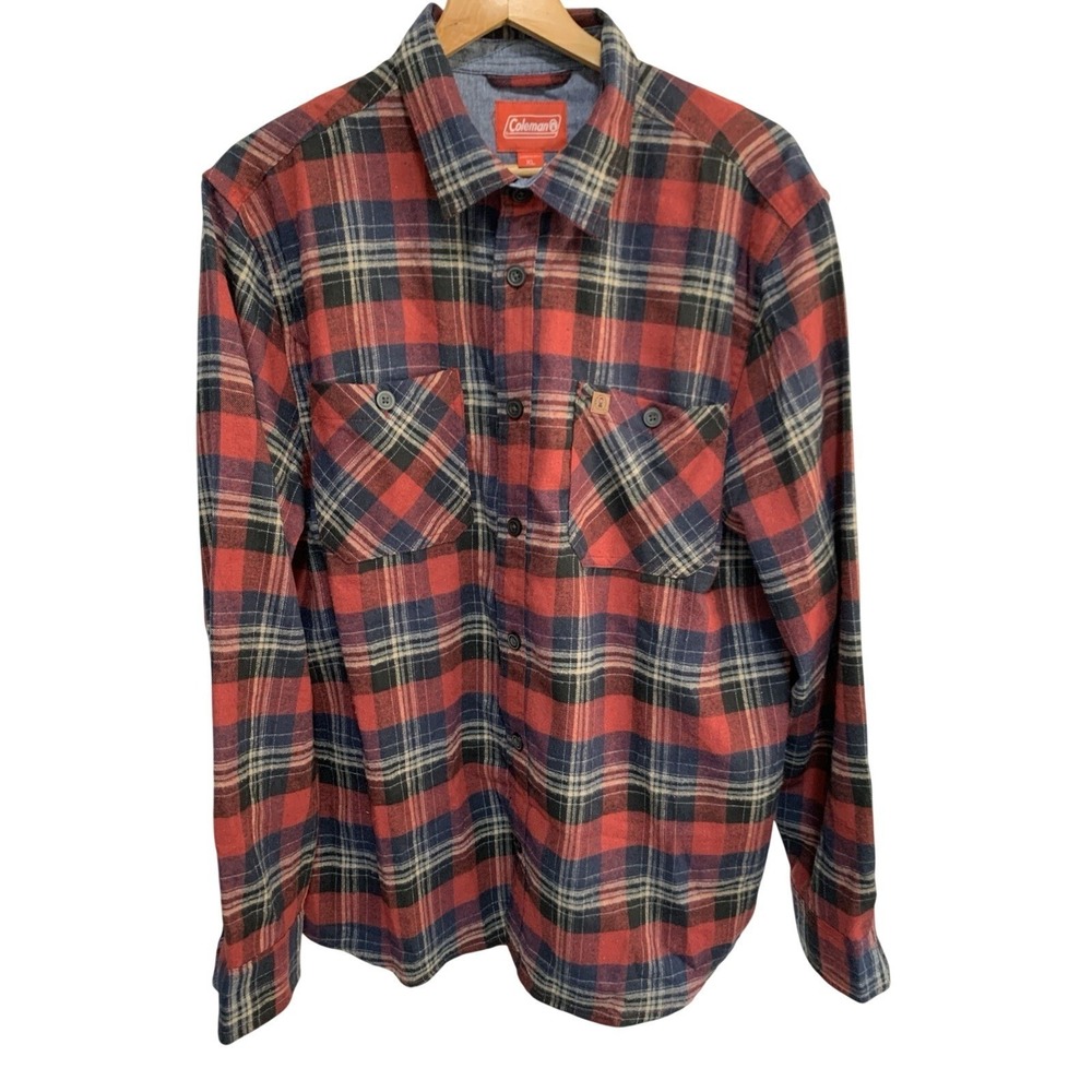 Coleman Flannel Button Down Shirt‎ XL Red Navy Plaid Cotton Long Sleeve Men Camp
